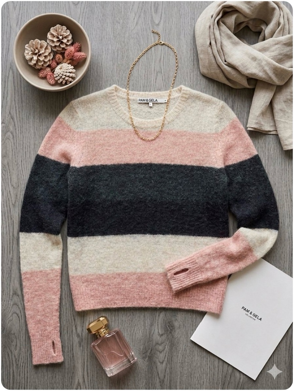 Pam & Gela Striped Alpaca Wool Blend Fuzzy Crewneck Sweater Cozy L Thumbholes